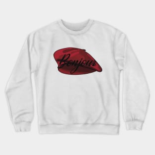 Red French Beret with the word 'bonjour' in it Crewneck Sweatshirt